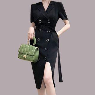 Short-sleeve Double-breasted Tie-waist Sheath Dress