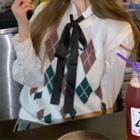Argyle Sweater Vest / Ribbon / Shirt / Set