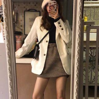 Plain Blazer / High Neck Top / Houndstooth Mini Skirt / Set