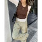 Long-sleeve Plain Slim-fit T-shirt / Halter Knit Vest / Plain Loose-fit Pants