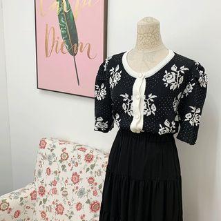 Puff-shoulder Elbow-sleeve Rosette Cardigan