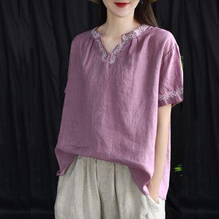 Short-sleeve Embroidered Trim Top