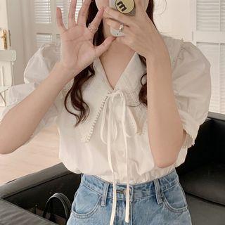 Short-sleeve Collared Blouse White - One Size