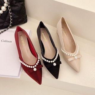 Low-heel Beaded Velvet Pumps