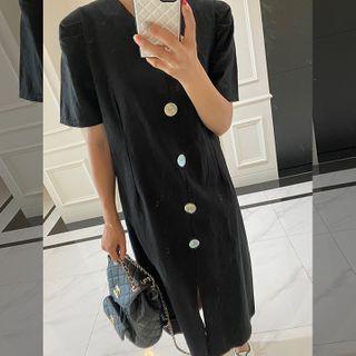 Puff-sleeve Buttoned Long Linen Dress