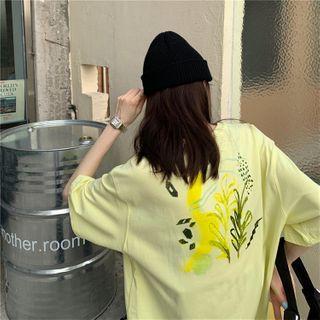Printed Elbow-sleeve T-shirt / Floral Print Straight-cut Pants