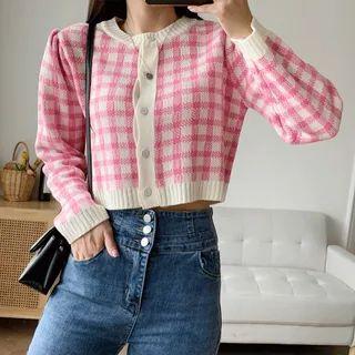 Contrast-trim Gingham Cropped Cardigan