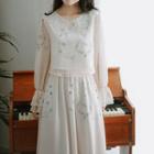 Lace-collared Flower Print Chiffon Long-sleeve Top / Flower Print Chiffon Midi A-line Skirt