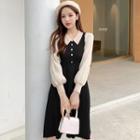 Mock Two-piece Puff-sleeve Knit A-line Dress