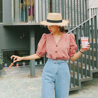 Puff-sleeve Check Linen Blend Blouse