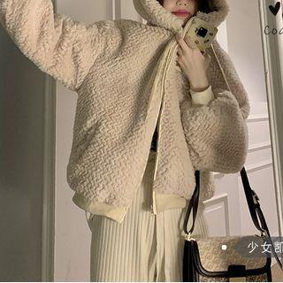 Bear Ear Hooded Fluffy Jacket Off-white - One Size