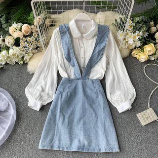 Set: Eyelet Lace Blouse + Denim Suspender Skirt