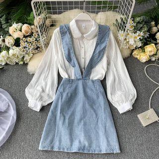 Set: Eyelet Lace Blouse + Denim Suspender Skirt