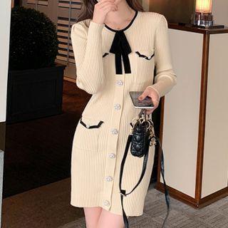 Contrast Trim Ribbon Knit Mini Sheath Dress