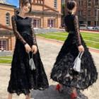 Long-sleeve Lace Panel Feather-accent Midi A-line Dress