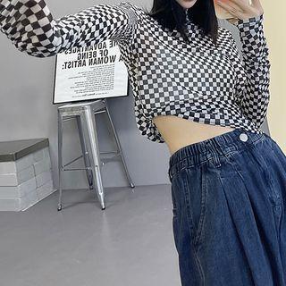 Long-sleeve Check Top Black - One Size