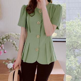 Round-neck Pintuck-trim Linen Blend Blouse