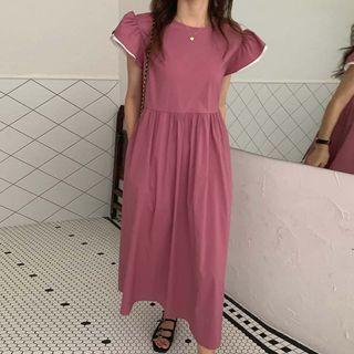 Cap-sleeve Frill Trim Midi A-line Dress