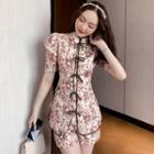 Set: Short-sleeve Floral Print Tie-front Stand-collar Top + Shorts