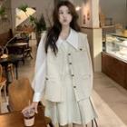 Frayed Button-up Vest / Plain Shirt / Pleated Mini A-line Skirt