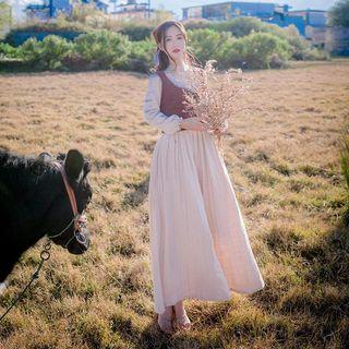 Balloon-sleeve Midi A-line Dress/ Headscarf / Lace-up Vest / Set
