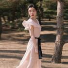 Short-sleeve Frill Trim Tie-waist Midi A-line Dress