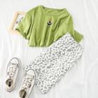 Set: Short-sleeve Printed T-shirt + Leopard Print A-line Mini Skirt