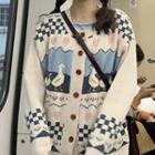Round-neck Duck Printed Cardigan / Plain Wide-leg Pants