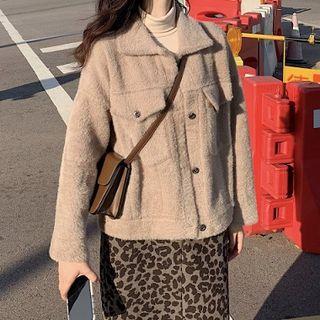 Plain Single-breasted Fleece Jacket / Turtle-neck Long-sleeve Top / Leopard High-waist Skirt