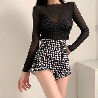 Set: Ruffle Trim Houndstooth Swimsuit + Mesh Cover-up