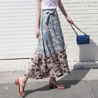 Contrast-panel Foliage Maxi Wrap Skirt