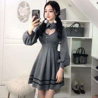 Puff-sleeve Open Front Mini A-line Dress