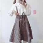 Set : Frill Trim Long-sleeve Blouse + Plaid Suspender Mini Skirt