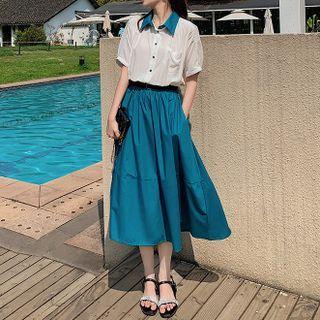 Short Sleeve Two Tone A-line Shirtdress