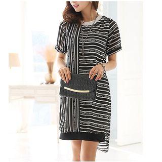 Lettering Striped Short Sleeve Asymmetric Hem Dress