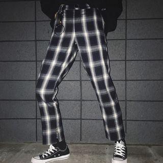 Plaid Straight-cut Pants Black - M