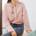 Letter Embroidered Tie-neck Long-sleeve T-shirt