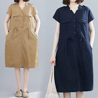 Short-sleeve Midi Shift Linen Cargo Dress
