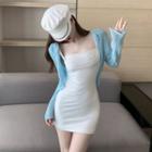 Long-sleeve Hooded Cardigan / Sleeveless Square Neck Plain Slim Fit Dress