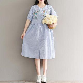 Embroidered Striped Button Down Short-sleeve A-line Midi Dress