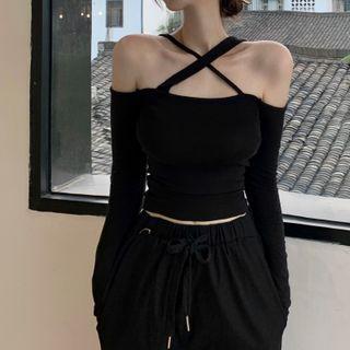 Crisscross Halter Off-shoulder Long-sleeve Top