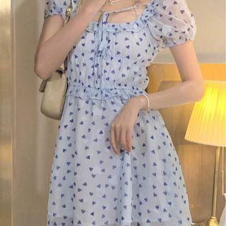 Puff-sleeve Heart Print Ruffled A-line Dress