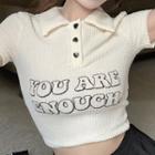 Short-sleeve Collar Lettering Cropped T-shirt Almond - One Size