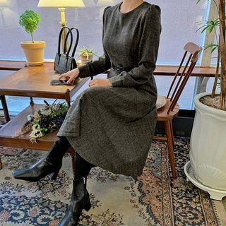 Flared Herringbone Dress With Belt