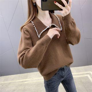 Faux Pearl Studded Collared Sweater