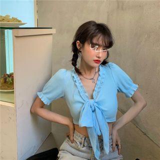 Short-sleeve Tie-front Crop Top Blue - One Size