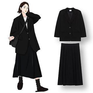 Plain Single-breasted Blazer / High-waist Midi A-line Skirt