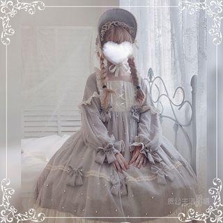 Faux Pearl Ribbon Long-sleeve A-line Dress / Lace Trim Bonnet / Set