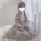 Faux Pearl Ribbon Long-sleeve A-line Dress / Lace Trim Bonnet / Set