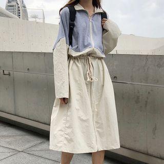Two-tone Drawstring Waist Zip Long Jacket